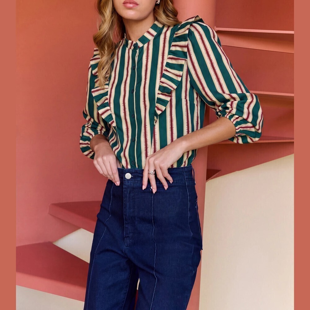 Green Striped Ruffle Trim Button Front Mandarin Shirt Collar Blouse